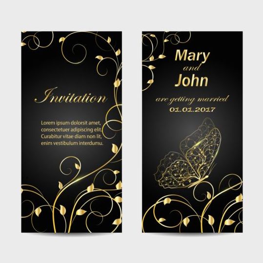 Schwarze Hochzeits-Einladungskarte mit goldenem Blumenvektor 02 Karte Hochzeit gold floral Einladung   