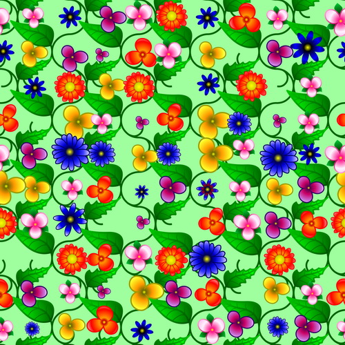 緑葉ベクトルシームレスパターンを持つ色付きの花 花 緑の葉 着色 パターン シームレス   