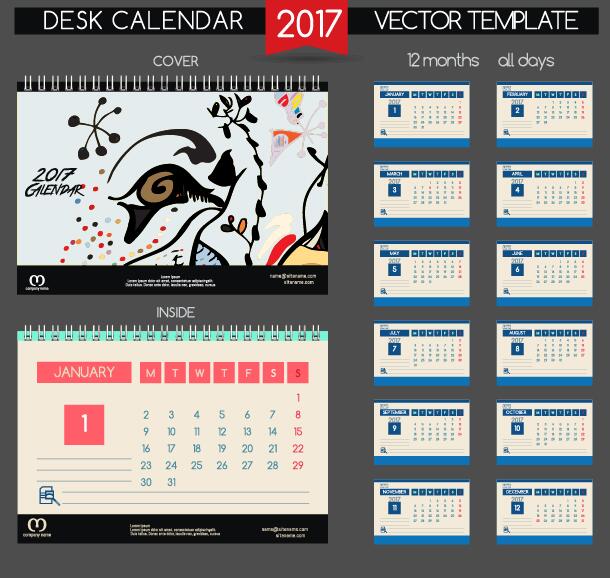 卓上カレンダー2017ベクトルレトロテンプレート06 机 レトロフォント カレンダー 2017   