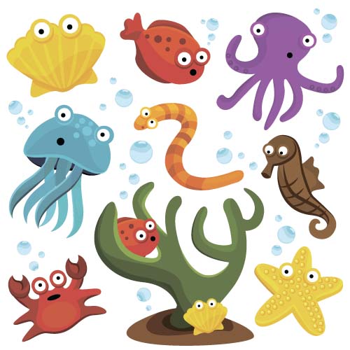 Vecteurs de dessin animé animaux marins drôles ensemble 02 marine drôle cartoon animaux   