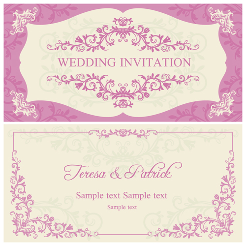 Ornate rosa Blumenhochzeiten Einladungen Vektor 04 pink ornate Hochzeit floral Einladung   