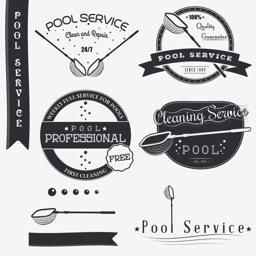 Logos de service de piscine avec des étiquettes vecteur noir 01 service pool logos étiquettes   