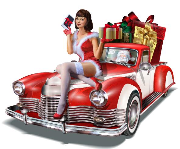 Voiture rouge avec le beau vecteur de fille de Noël voiture rouge Noël Fille Belle   