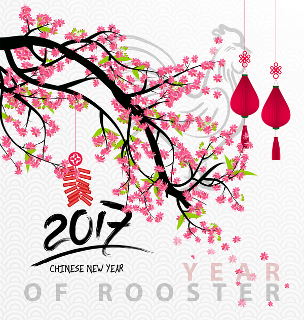 2017 chinois nouvelle année de coq avec des fleurs vecteur 04 nouveau fleurs coq Chinois année 2017   