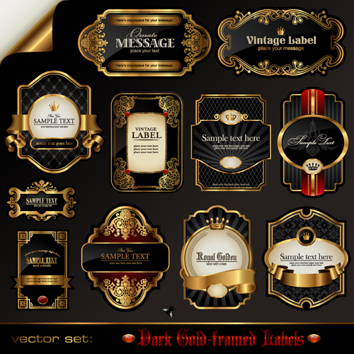 Dunkle Gold-Rahmen etikettiert Luxus-Vektor-Set 03 Luxus labels gold frame dark   