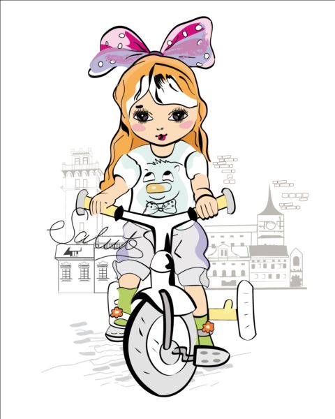 Mädchenfahrrad mit Stadtvektor Stadt Mädchen Fahrrad   