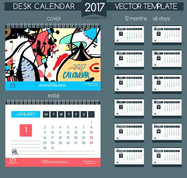 Calendrier de bureau 2017 vecteur rétro modèle 05 police rétro calendrier bureau 2017   