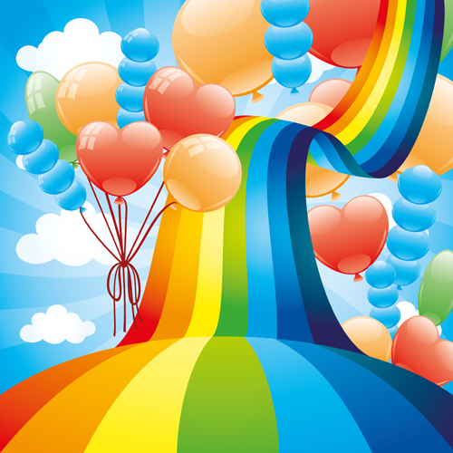 Regenbogenbrücke und Luftballons Vektorhintergrund Regenbogen Luftballons Hintergrund Brücke ballon   