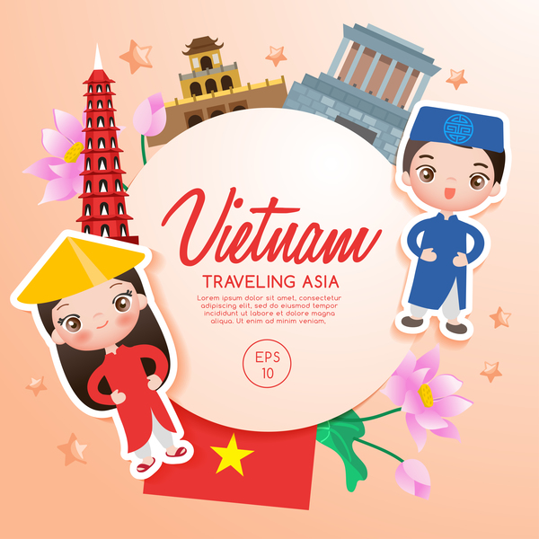 Vecteur de modèle de dessin animé de Voyage Vietnam voyage Vietnam cartoon   