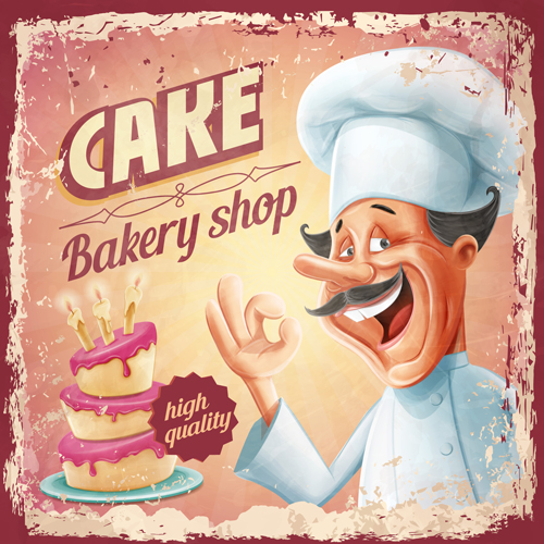 Vintage-Kuchen-Plakat mit Küchenvektor 03 vintage poster chef cake   