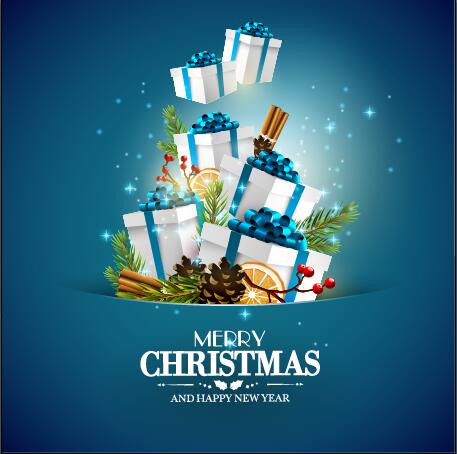 新年ベクトルグリーティングカード付きのブルースタイルのクリスマス 青 新しい 挨拶 年 クリスマス カード   