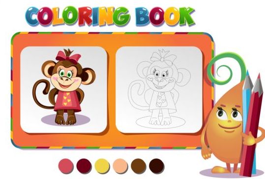 Coloriage livre singe fille vecteur singe livre Fille coloriage   