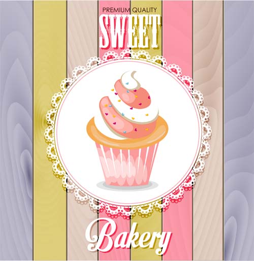 Cupcake Spitze Karte und farbigen Holz-Hintergrundvektor Spitze Karte Holz Hintergrund cupcake   