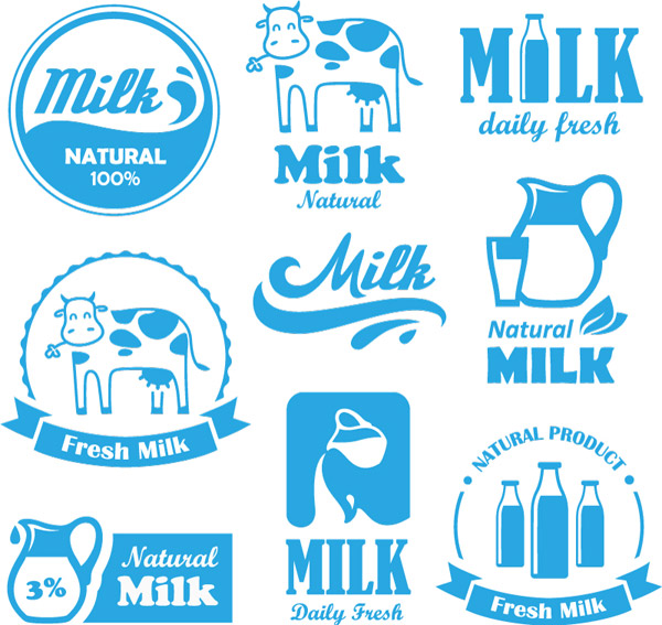 Étiquettes bleues de lait naturelles avec le vecteur de logos naturel logos lait étiquettes   