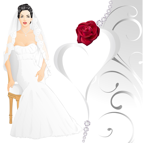Schöne Braut und rote Rose Hochzeitskarte Vektor 03 Schön rot rose Karte Hochzeit Braut   
