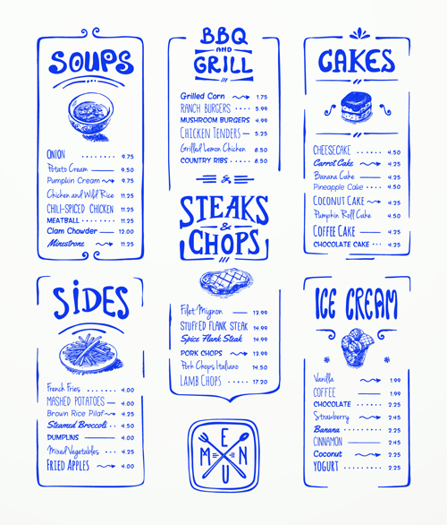Von Hand gezeichnete Menü-blauen Gestaltungselemente 04 menu Handzeichnung Gestaltungselemente element   