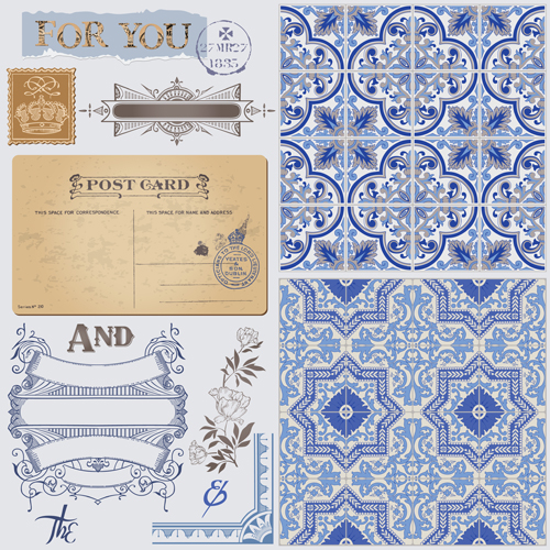 Vintage Postkarte mit blauen Ornamselementen Vektor 05 Postkarte ornament Jahrgang Elemente   