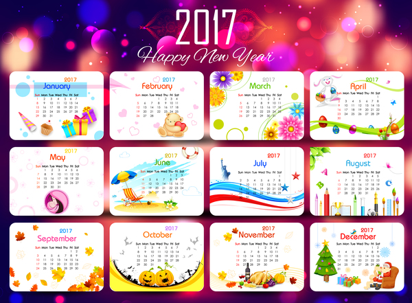 新年の背景ベクトルを持つかわいい2017カレンダー 新しい 年 かわいい カレンダー 2017   