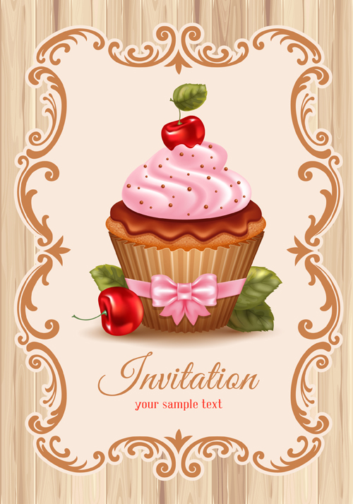 Cartes d’invitation de vecteur mignon cupcakes 02 invitation cupcake cartes d’invitation cartes carte   