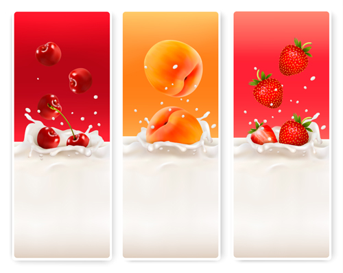 Früchte mit Spritzmilchvektor-Banner 03 splash Obst Milch banner   