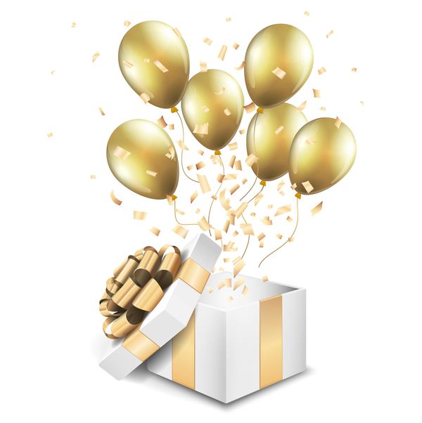 Öffnen Sie goldene Geschenkbox mit Ballonvektor open golden Geschenkbox ballon   