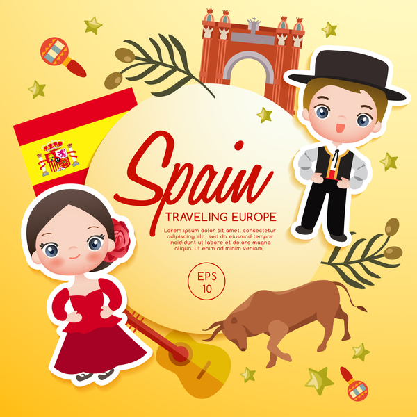 スペイン旅行漫画テンプレートベクトル 漫画 旅行 スペイン   