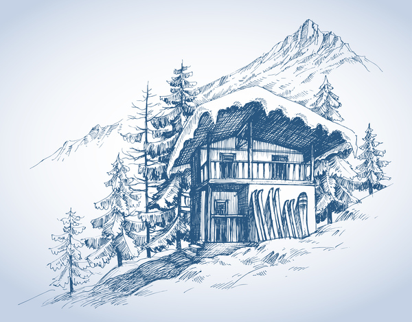 Skihut の手描きのベクトルを持つ山の風景 風景 描画 手 山 skihut   