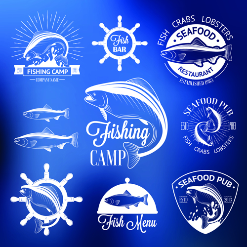 Badges de nourriture de mer avec des étiquettes vecteur ensemble 05 nourriture mer étiquettes badges   