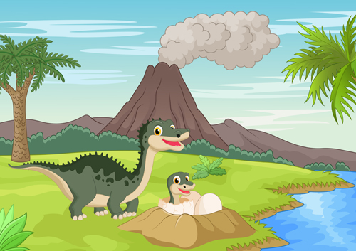 Cartoon Dinosaurier mit Naturlandschaftsvektor 03 Natur Landschaft Dinosaurier cartoon   
