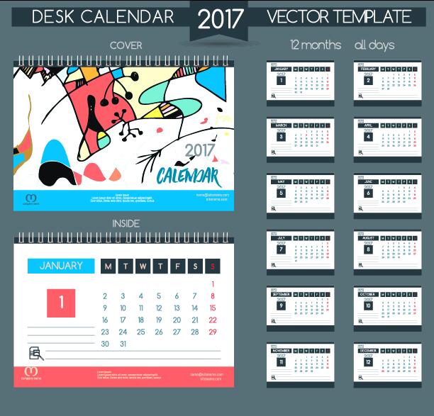 卓上カレンダー2017ベクトルレトロテンプレート03 机 レトロフォント カレンダー 2017   