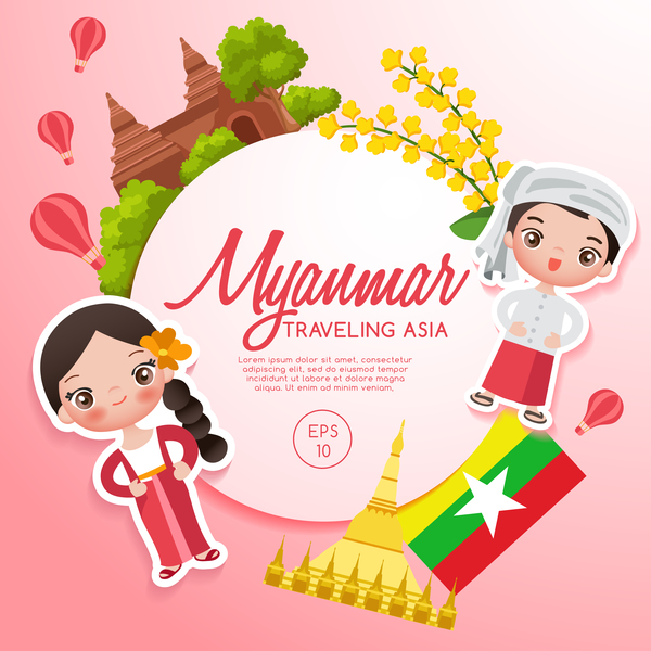 Vecteur de modèle de dessin animé de voyage de Myanmar voyage Myanmar dessin animé   