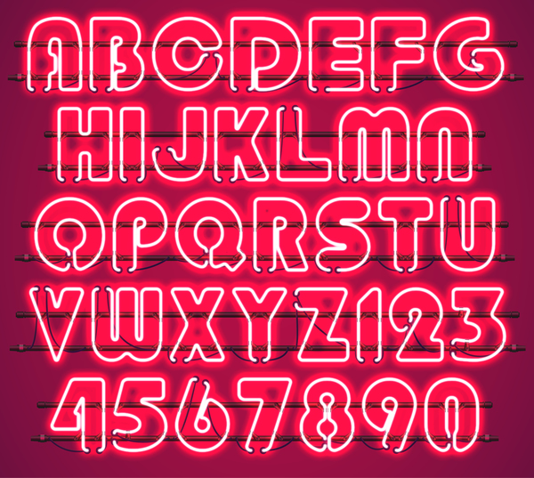 Alphabet rouge de néon avec le vecteur de nombres 03 rouge nombre chiffres alphabet   