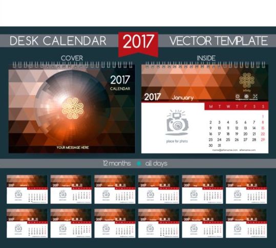 Retro-Schreibkalender 2017 Vektorvorlage 18 Schreibtisch Retro-Schrift Kalender 2017   