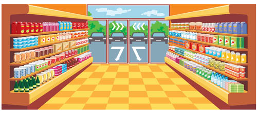 Supermarktvitrine und Lebensmittelvektor-Set 09 Supermarkt Schaufenster Lebensmittel   
