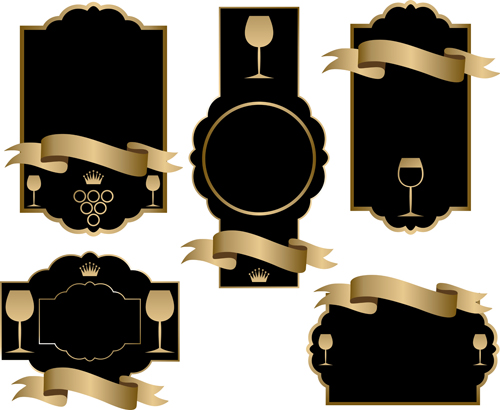 Lables de vin noir avec la conception de vecteur de ruban d’or 02 vin ruban or Noir lables   
