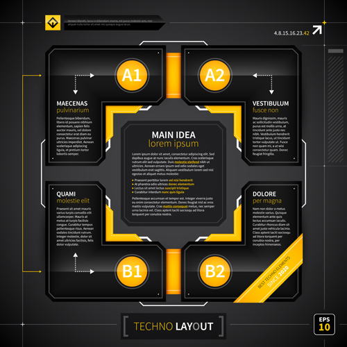 Schwarz mit gelbem Tech-Infografie-Vektor 09 tech Schwarz Infografik gelb   