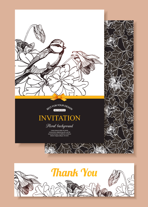 Fleur rétro dessinée à la main avec des invitations de mariage oiseau vecteur 01 police rétro Oiseau mariage invitation fleur dessiné à la main   