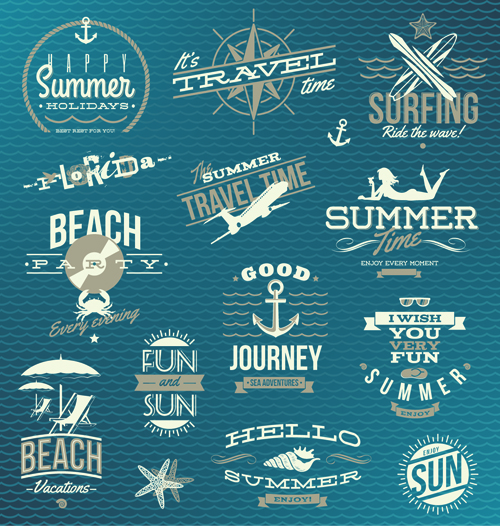 Fröhliche Sommer-Urlaubsreisen Logos und Etiketten Vektor 04 summer logos logo labels label holiday happy   
