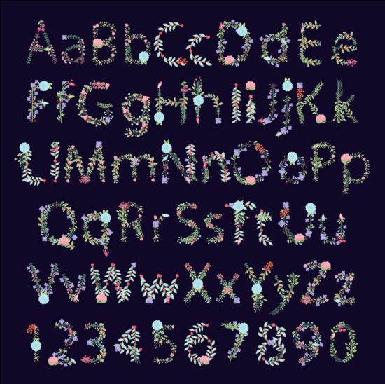 Alphabet floral de printemps avec numéro vecteur 02 printemps nombre floral alphabet   