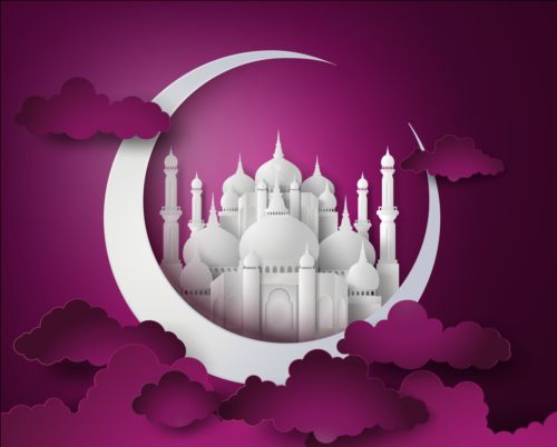 ホワイトモスクと紫色のラマダンカリーム背景ベクトル02 背景 ラマダン モスク ホワイト パープル カリーム   