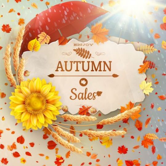 Étiquettes de vente d’automne avec tournesol et feuilles fond vecteur 06 vente tournesol fond feuilles étiquettes automne   