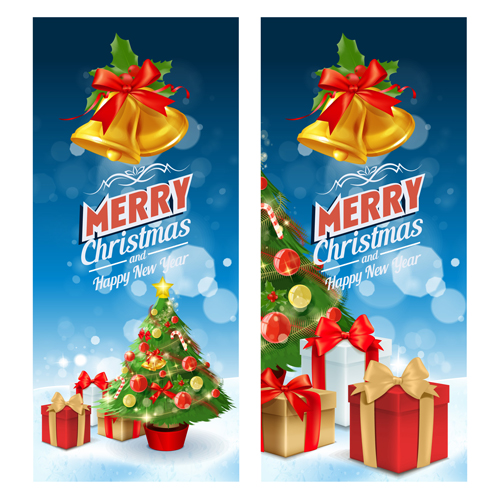 Cloche de Noël avec cadeau et arbre de Noël bannières vecteur 01 Noël cadeau bell bannières arbre   