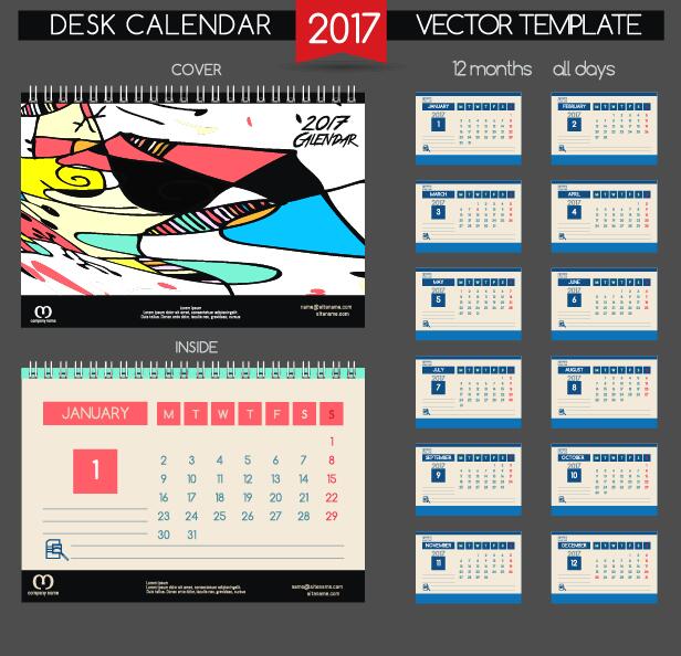 卓上カレンダー2017ベクトルレトロテンプレート02 机 レトロフォント カレンダー 2017   