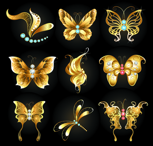 Diamant et papillons dorés vecteur matériel papillons or matériau vectoriel Diamant   