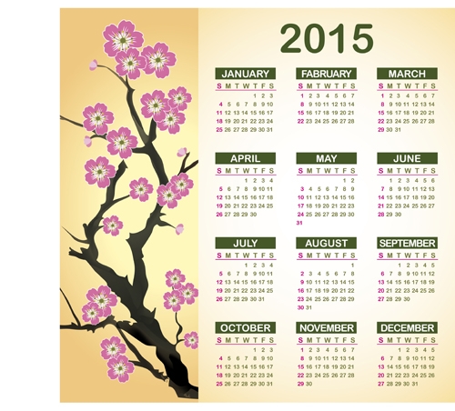 2015 calendrier avec vecteur de fleur de prune prune fleur calendrier 2015   