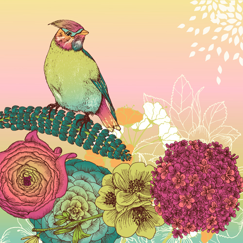 手描き色の花の招待状のカードベクトル04 色付き 招待カード 手描き フローラル   