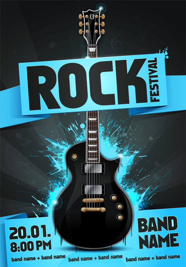 Rock Festival Party-Plakat mit Gitarren-Vektor 01 rock poster party Gitarre festival   