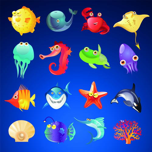 各種海洋動物のリアルなベクトル 現実的 海洋 様々な 動物   