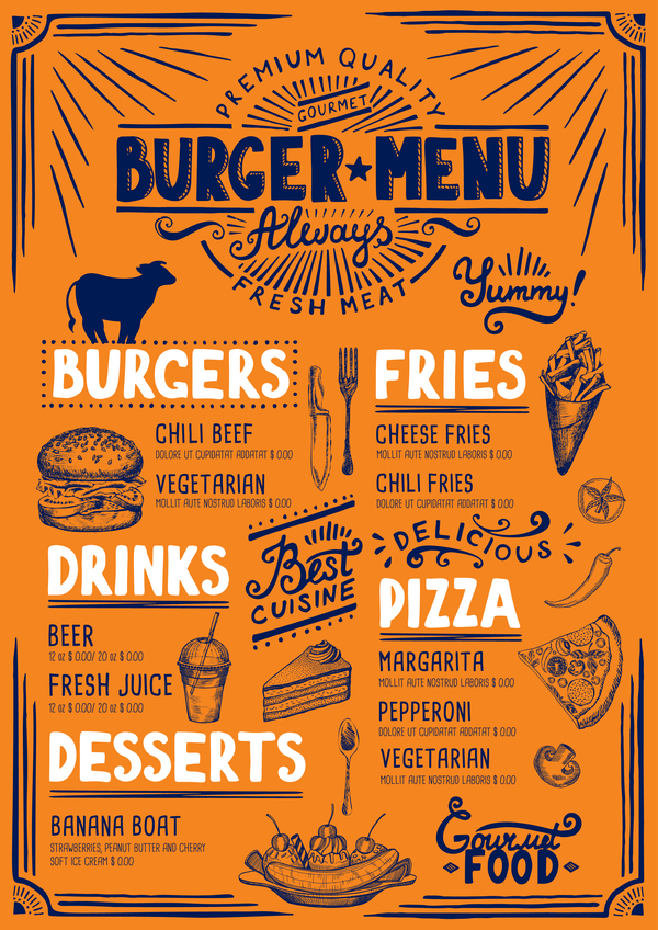 Vintage Burger menu modèle vecteur matériel 05 vintage menu burger   