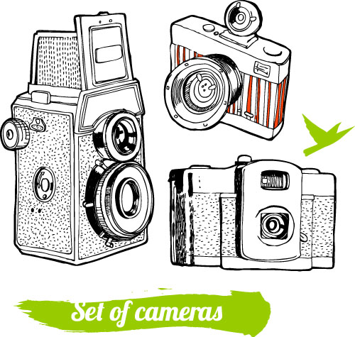 ヴィンテージカメラ手描画ベクトルセット01 手 図面 カメラ ヴィンテージ   